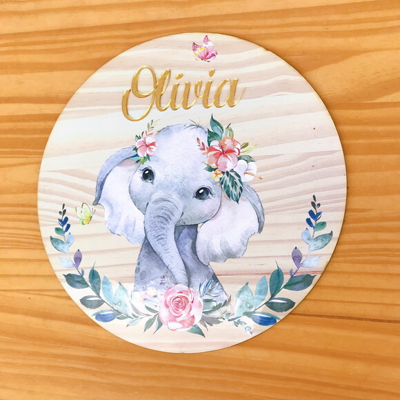 Placa Porta Maternidade Elefantinha MDF Nome Espelhado