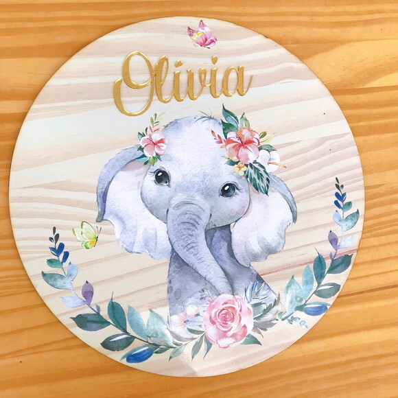 Placa Porta Maternidade Elefantinha MDF Nome Espelhado
