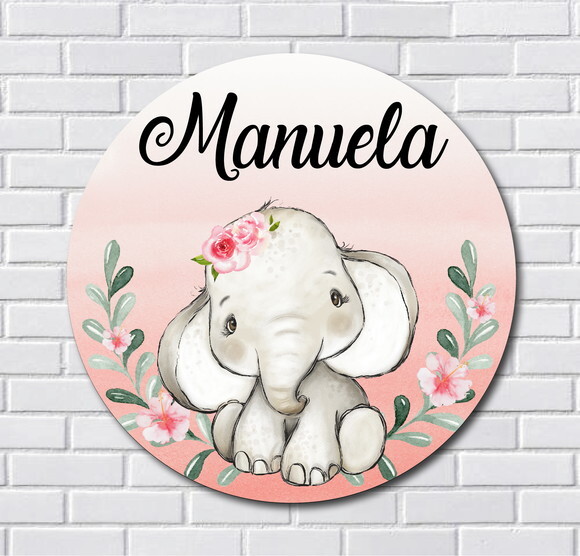 Placa Porta Maternidade Elefantinha MDF Nome Espelho