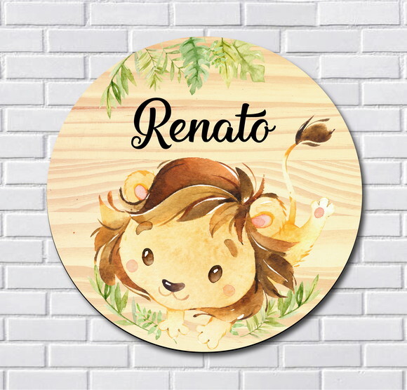 Placa Porta Maternidade Leão MDF Nome Espelho