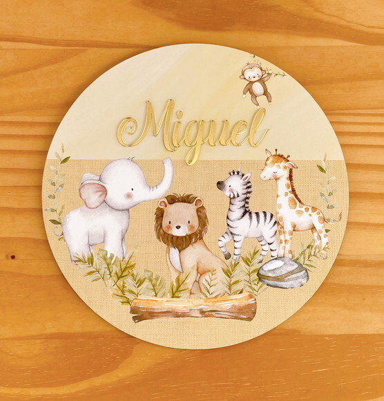 Placa Porta Maternidade Safari Mdf Nome Espelho