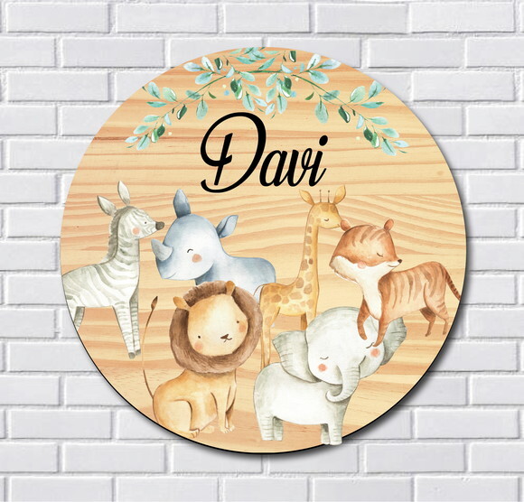 Placa Porta Maternidade Safari MDF Nome Espelho