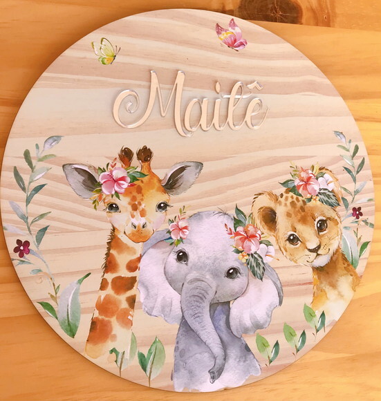 Placa Porta Maternidade Safari Menina MDF Nome Espelho