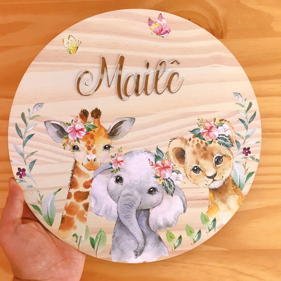 Placa Porta Maternidade Safari Menina MDF Nome Espelho