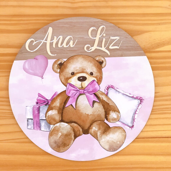 Placa Porta Maternidade Ursinha MDF Nome Espelhado