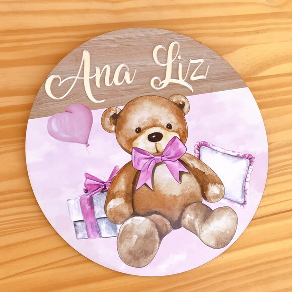 Placa Porta Maternidade Ursinha MDF Nome Espelhado