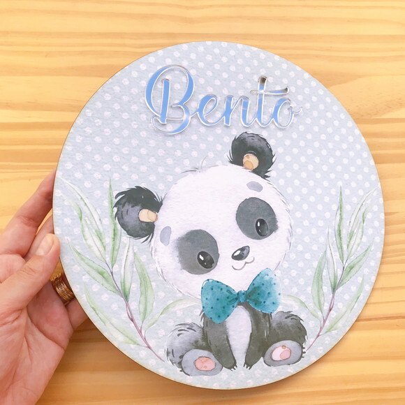 Placa Porta Maternidade Ursinho Panda Nome Espelhado mdf
