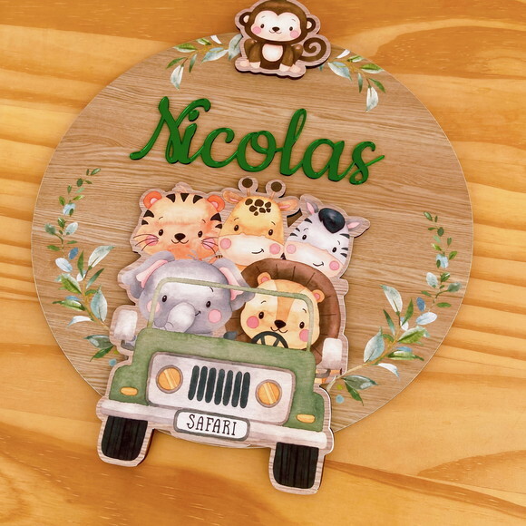 Porta Maternidade 3d Jipe Safari mdf Nome Espelho