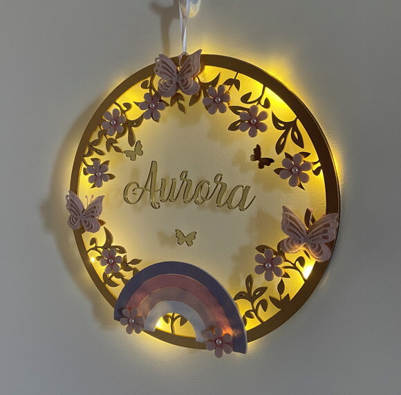 Porta Maternidade Arco Íris Led Acrílico e Espelho