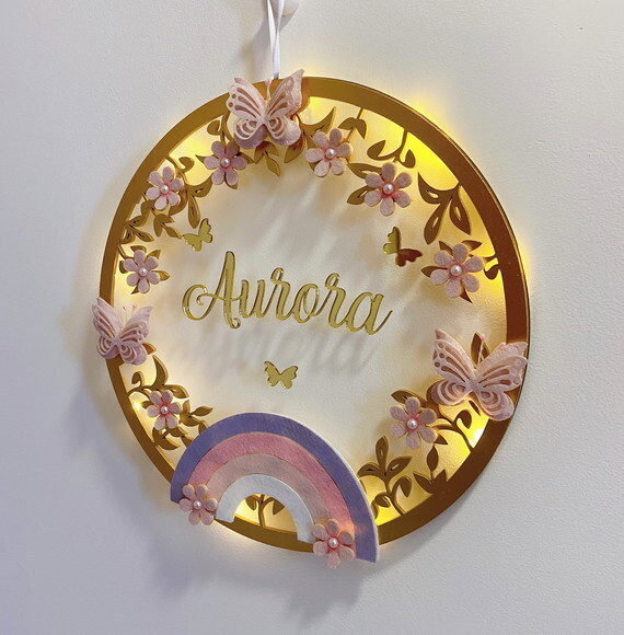 Porta Maternidade Arco Íris Led Acrílico e Espelho