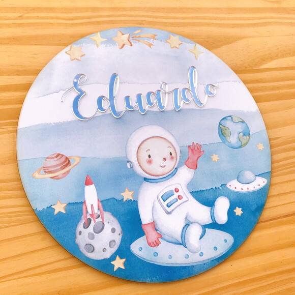 Porta Maternidade Astronauta mdf Nome Espelhado