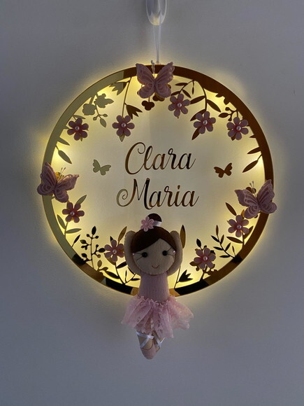 Porta Maternidade Bailarina Led Nome e Moldura no Espelho