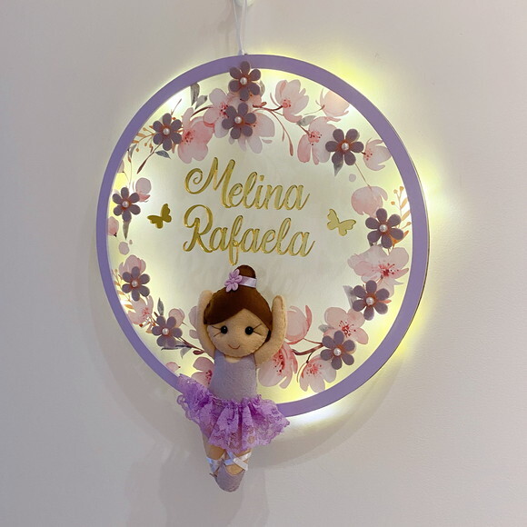 Porta Maternidade Bailarina Lilás Led Acrílico e Espelho