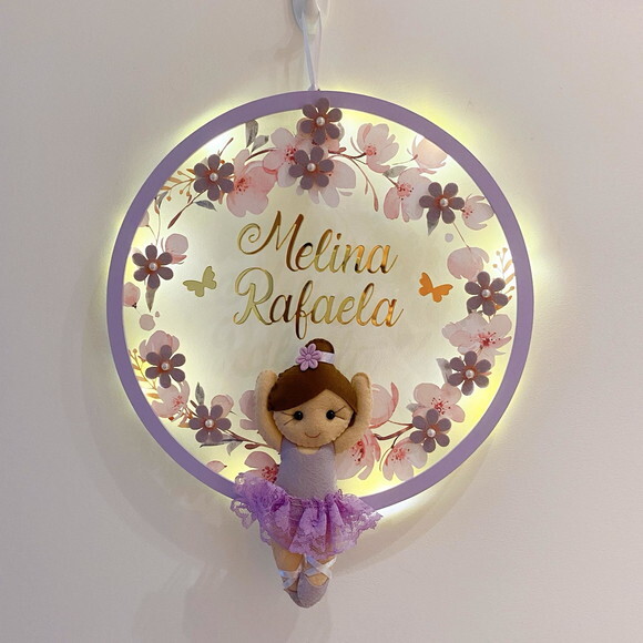 Porta Maternidade Bailarina Lilás Led Acrílico e Espelho
