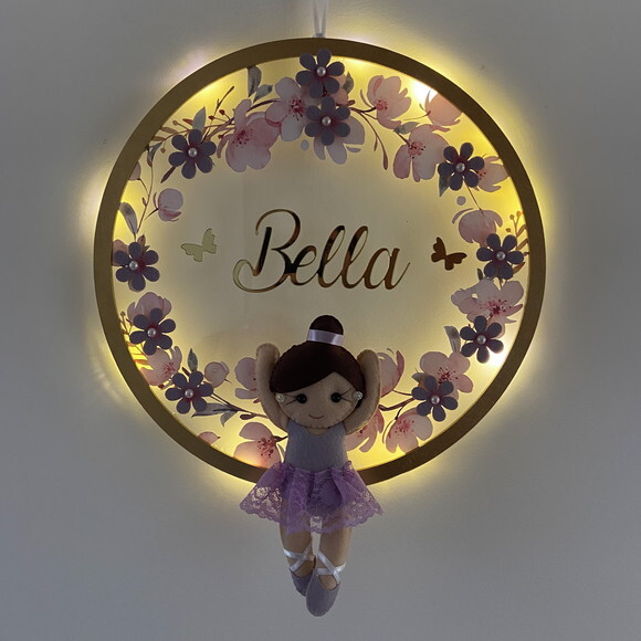 Porta Maternidade Bailarina Lilás Led Acrílico e Espelho