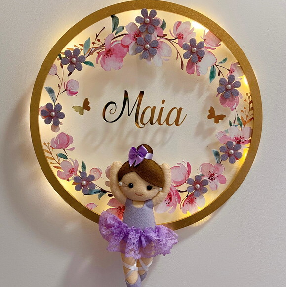 Porta Maternidade Bailarina Lilás Led Acrílico e Espelho