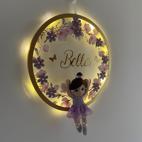 Porta Maternidade Bailarina Lilás Led Acrílico e Espelho