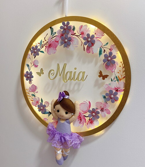 Porta Maternidade Bailarina Lilás Led Acrílico e Espelho