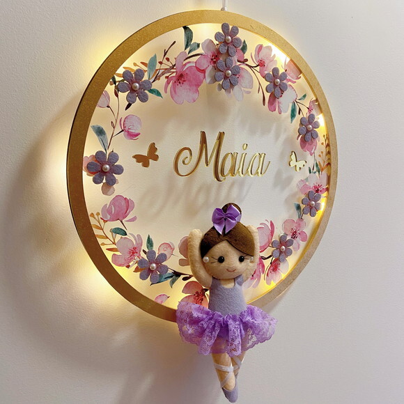 Porta Maternidade Bailarina Lilás Led Acrílico e Espelho