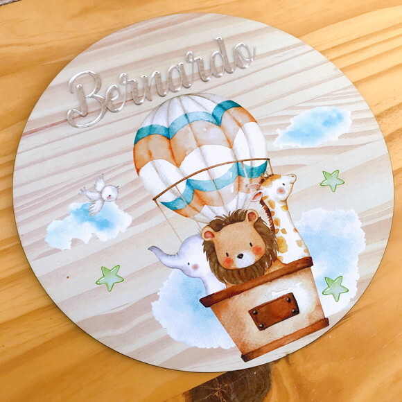 Porta Maternidade Balão Safari MDF Nome Espelho