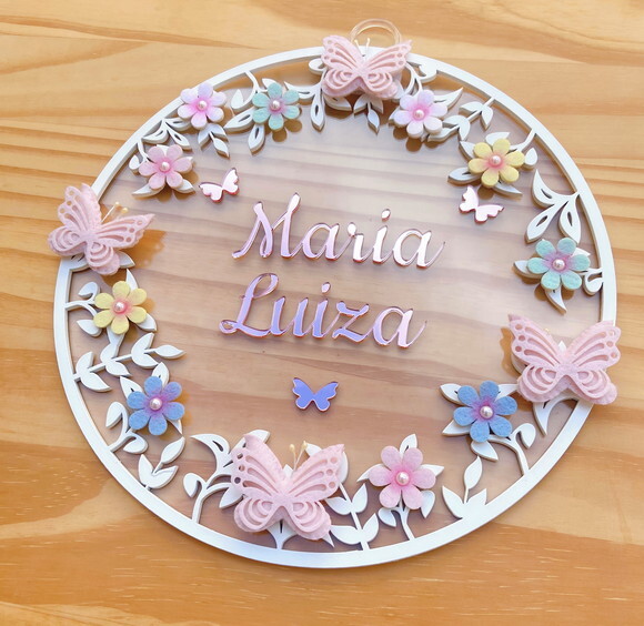 Porta Maternidade Borboletas Acrílico e Espelho Rosa