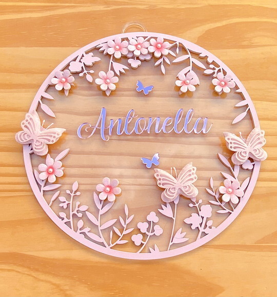Porta Maternidade Borboletas Floral Acrílico e Espelho