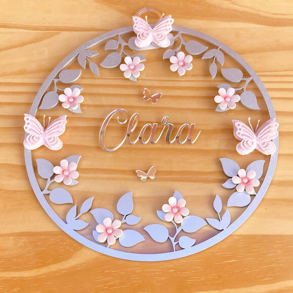 Porta Maternidade Borboletas Floral Acrílico e Espelho