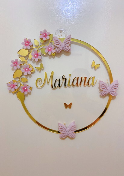 Porta Maternidade Borboletas Floral Nome e Moldura Espelho