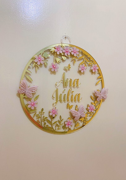 Porta Maternidade Borboletas Floral Nome e Moldura Espelho