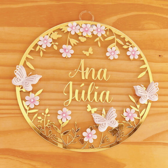 Porta Maternidade Borboletas Floral Nome e Moldura Espelho
