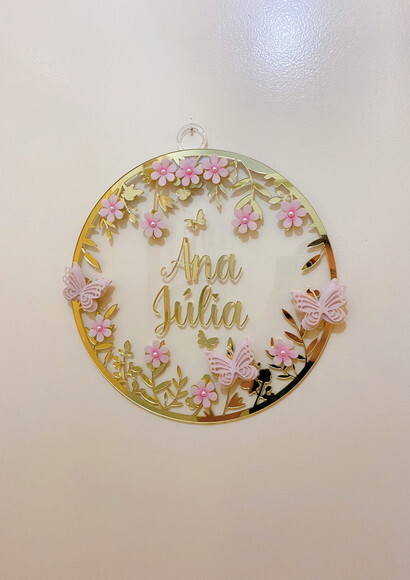 Porta Maternidade Borboletas Floral Nome e Moldura Espelho