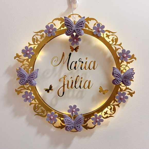 Porta Maternidade Borboletas Lilás Led Acrílico e Espelho