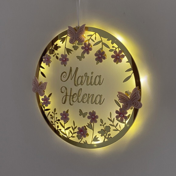 Porta Maternidade Borboletas Nome e Moldura Espelho Led