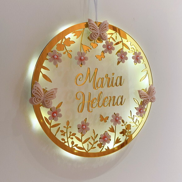 Porta Maternidade Borboletas Nome e Moldura Espelho Led