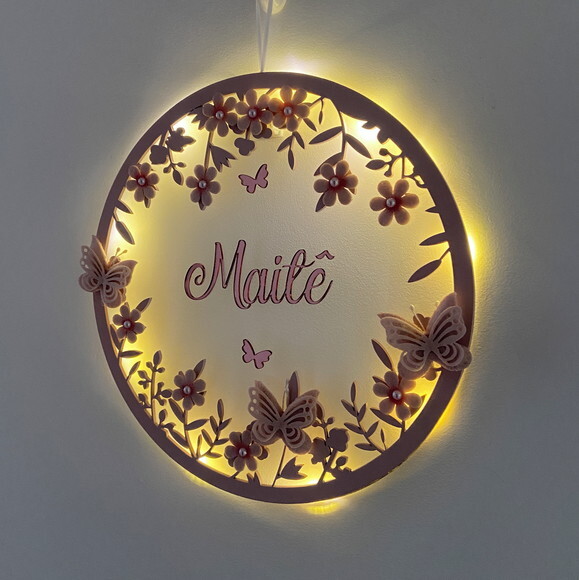 Porta Maternidade Borboletas Rosa Led Acrílico e Espelho