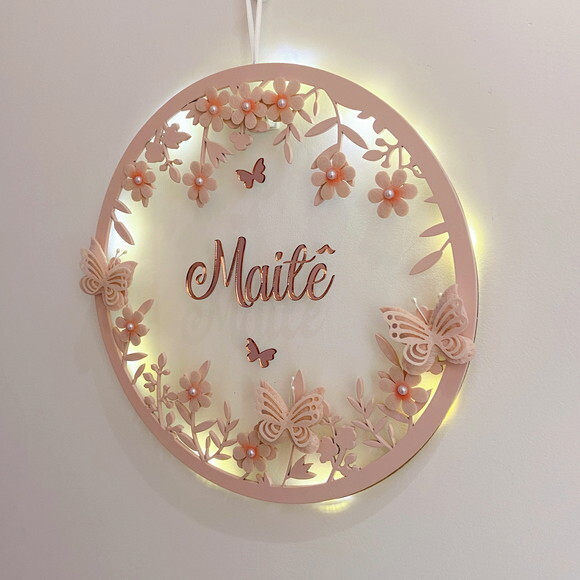 Porta Maternidade Borboletas Rosa Led Acrílico e Espelho