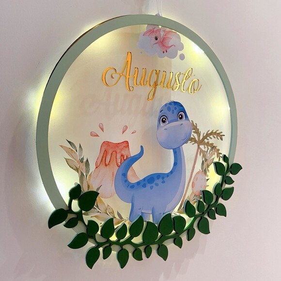 Porta Maternidade Dinossauro Acrílico e Espelho Led