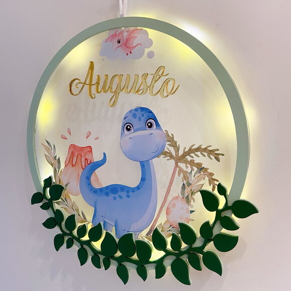 Porta Maternidade Dinossauro Acrílico e Espelho Led