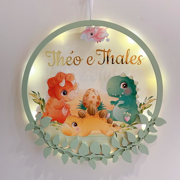 Porta Maternidade Dinossauro Acrílico e Espelho Led