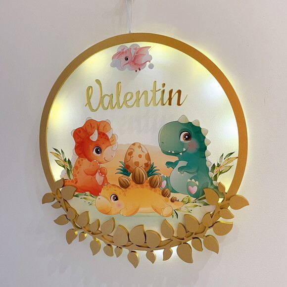 Porta Maternidade Dinossauro Acrílico e Espelho Led