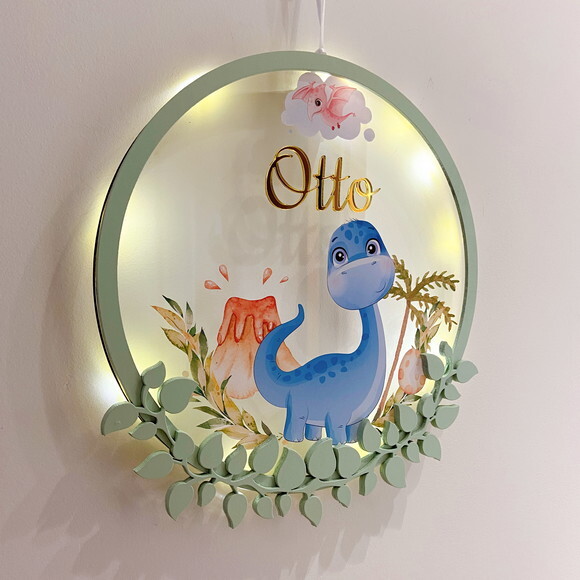 Porta Maternidade Dinossauro Acrílico e Espelho Led