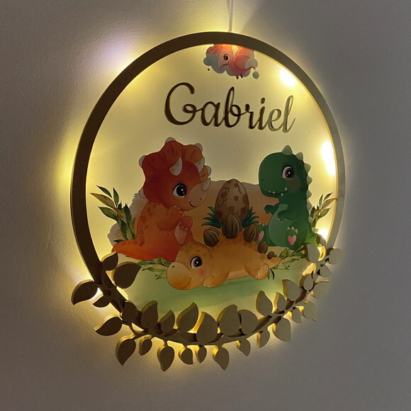 Porta Maternidade Dinossauro Acrílico e Espelho Led