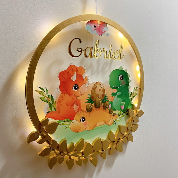 Porta Maternidade Dinossauro Acrílico e Espelho Led