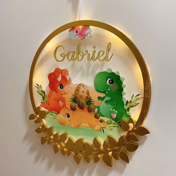 Porta Maternidade Dinossauro Acrílico e Espelho Led