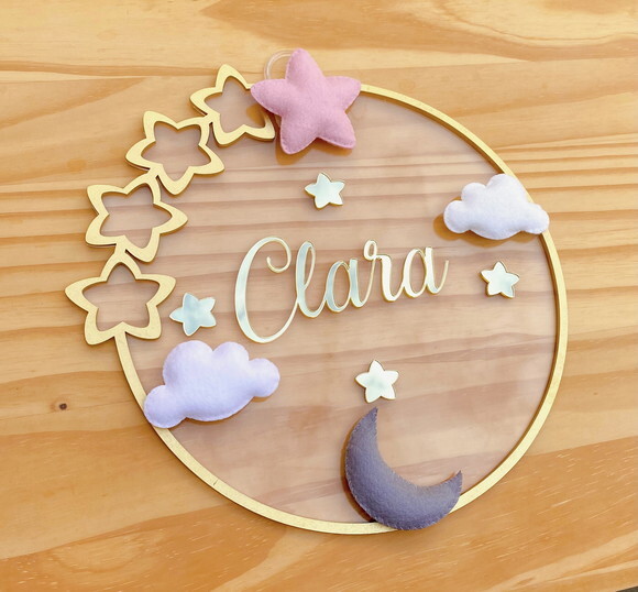 Porta Maternidade Estrelas Acrílico e Espelho