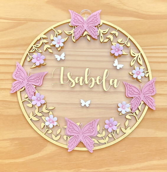 Porta Maternidade Floral Borboletas Acrílico e Espelho