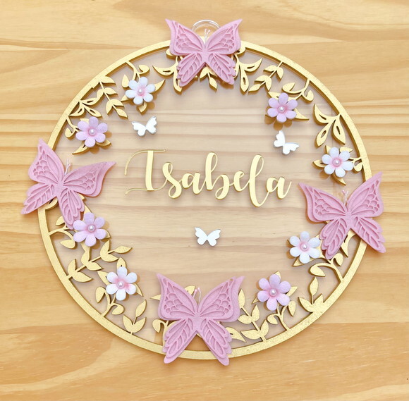Porta Maternidade Floral Borboletas Acrílico e Espelho