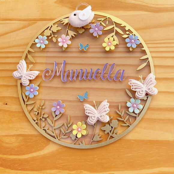 Porta Maternidade Floral Passarinho Acrílico e Espelho