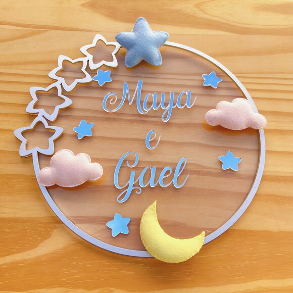 Porta Maternidade Gêmeos Estrelas Acrílico e Espelho