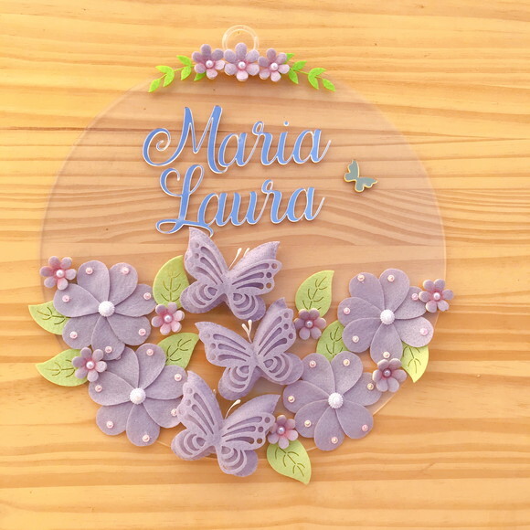 Porta Maternidade Jardim Lilás Acrílico e Espelho